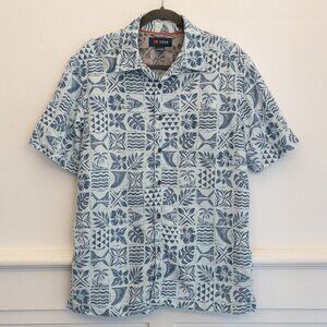 Cova Men’s Aloha Shirt Small Blue White Hawaiian Print Button Front Resort Wear